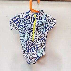 Boden‎ Kids Short Sleeve Zip-Up Swimsuit 3-4Y Blue & White Sea Life Print